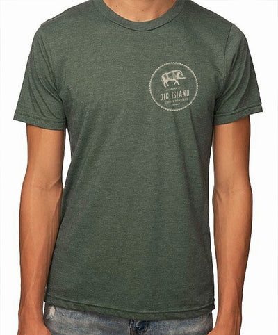 Organic Green Explorer Shirt by Big Island Coffee Roasters _ Front of shirt with Big Island Coffee logo _Apparel & Goods