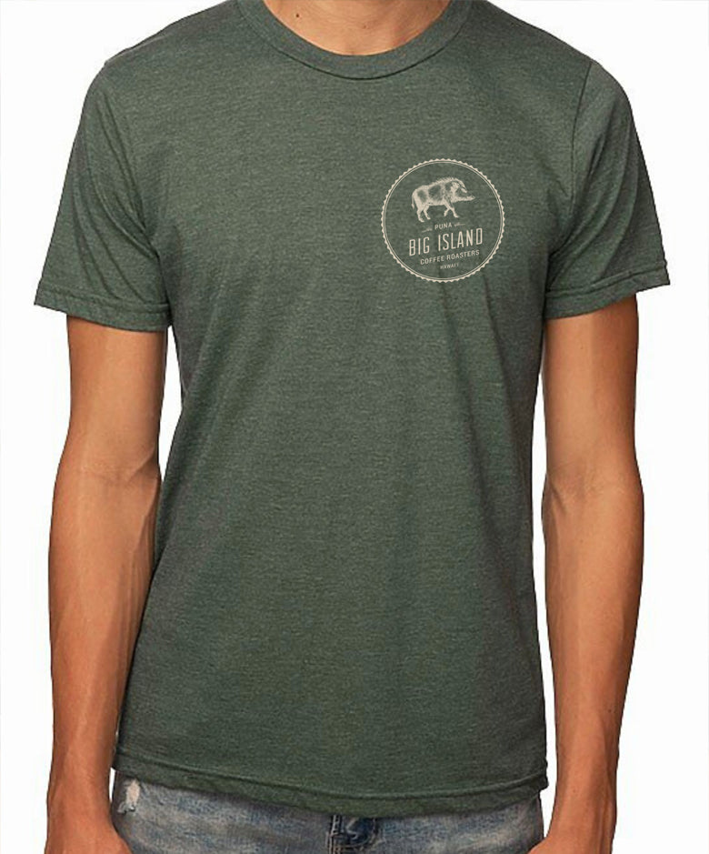 Organic Green Explorer Shirt by Big Island Coffee Roasters _ Front of shirt with Big Island Coffee logo _Apparel & Goods