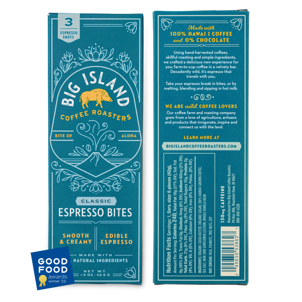 Espresso Bites Mixed Pack by Big Island Coffee Roasters - Front and back image of packaging
