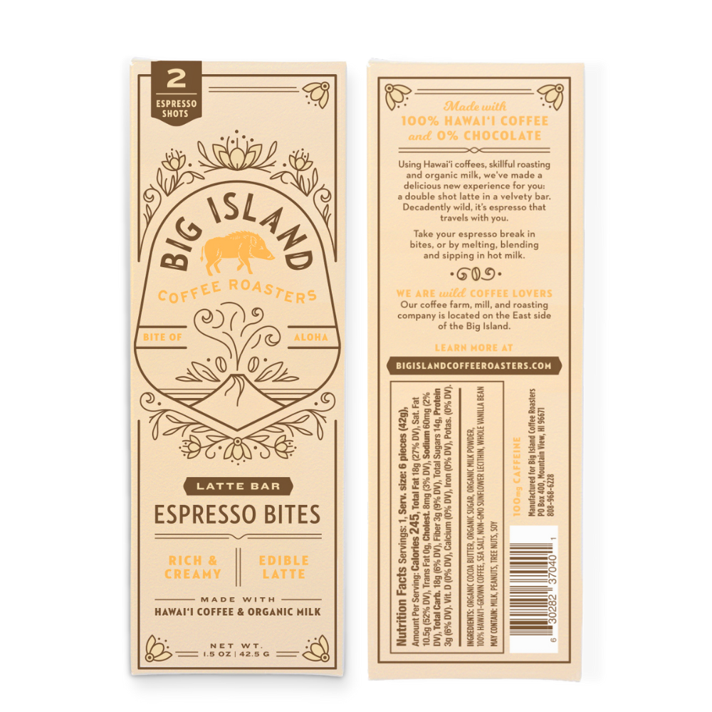 Latte Espresso Bites | Hawaiian Coffee & Organic Cream by Big Island Coffee Roasters - Front and back image of packaging