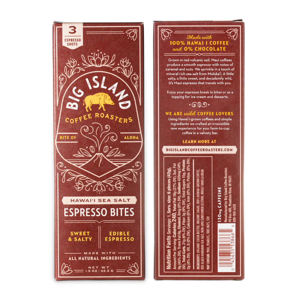Sea Salt Espresso Bites | Salty & Sweet (Vegan) by Big Island Coffee Roasters - Front and back image of packaging